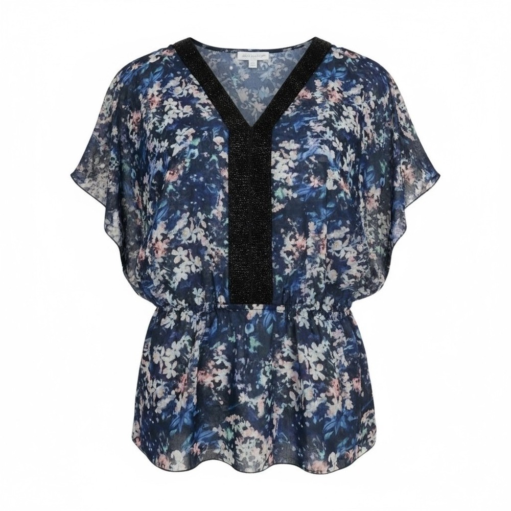 Badgley Mischka Womens Blue Floral Beaded V-Neck Peplum Blouse Size L